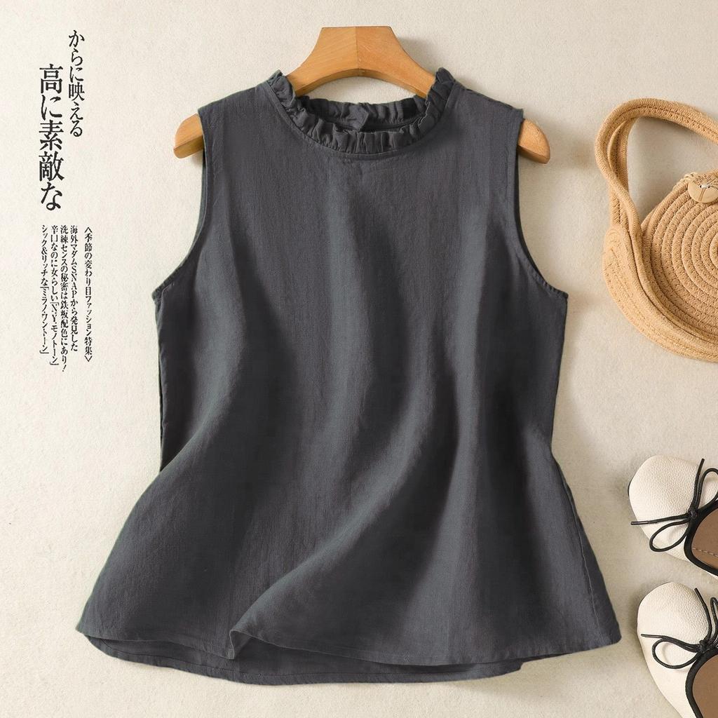 Retro Cotton and Linen Vest Tops for Women's Sleeveless Summer Style Fungus Collar Base Shirt