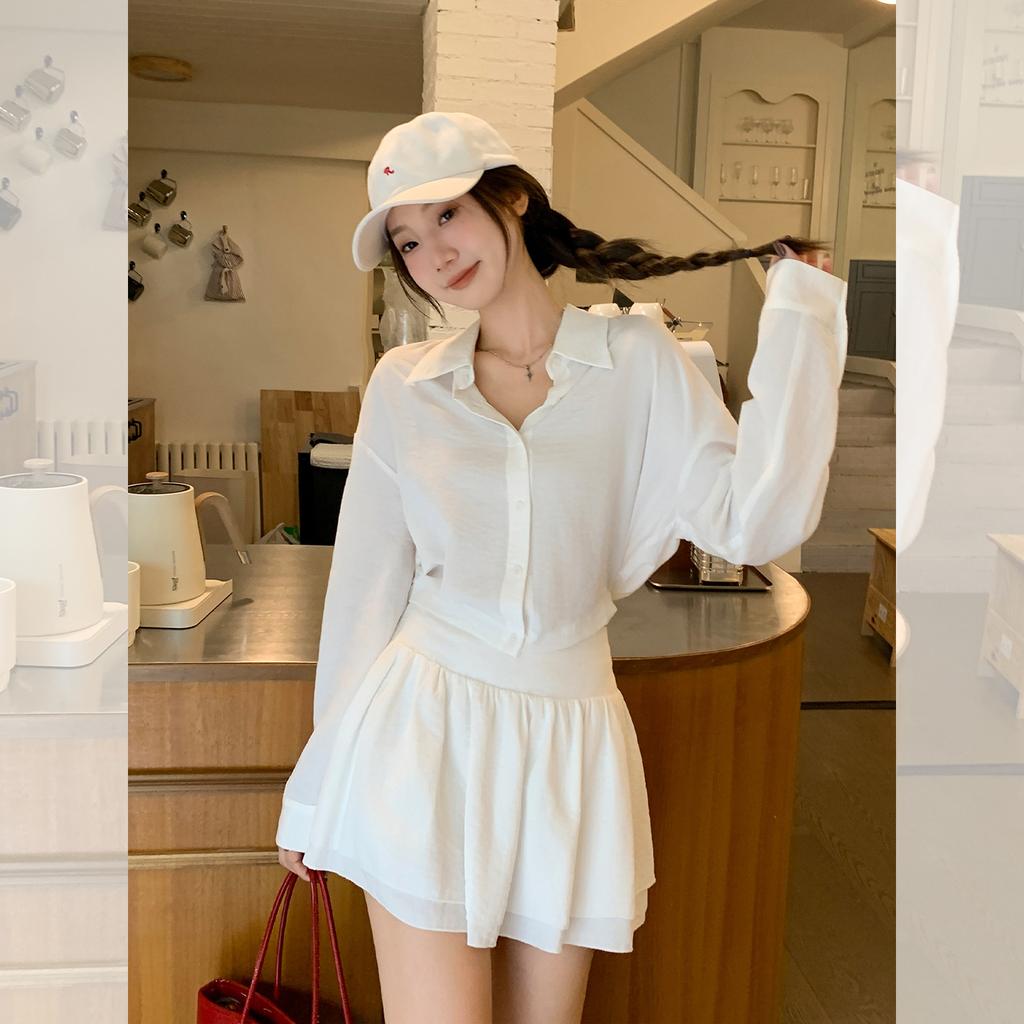 White POLO collar button-down cool long-sleeved shirt women's autumn new high-end pleated short top