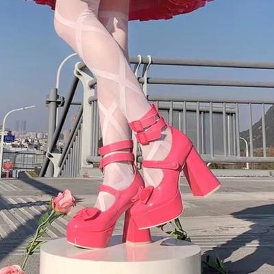 Women's Chunky Single Shoes Spring New Round Head Shallow Mouth Butterfly Knot A Line Buckle Waterproof Platform High Heels