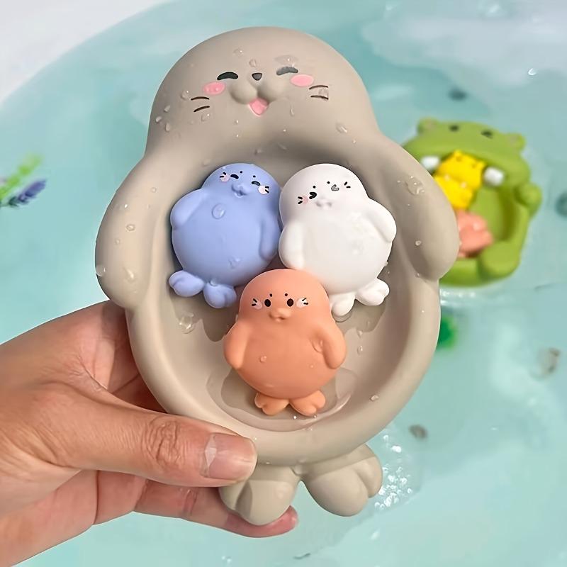 4-Piece set of non-porous design bathroom toys, cute seal and hippo shaped bathtub toy set, floating bathtub toys, bathroom games