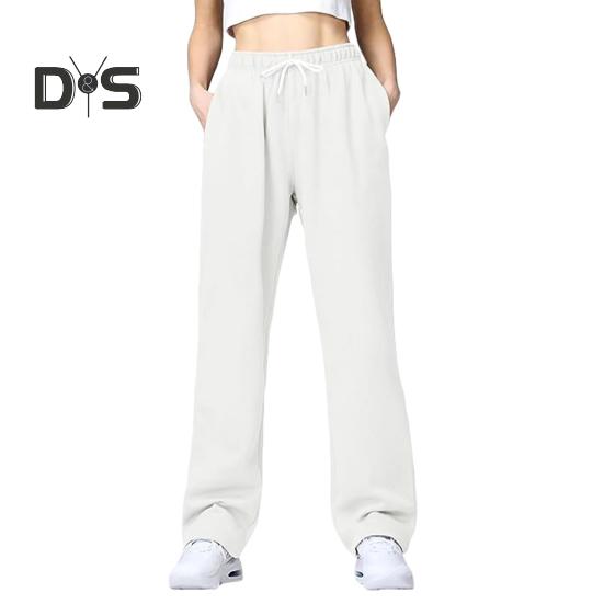 Women Pants Mid-rise Elastic Waist Adjustable Drawstring Long Trousers Solid Color Straight Wide Leg Autumn Winter Sport Trousers