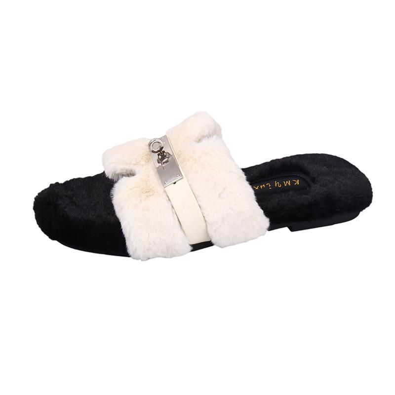 2025 herfst en winter nieuwe high-end bovenkleding kleine gouden gesp fluweel warme katoenen mop casual platte zool pluizige pantoffels dames