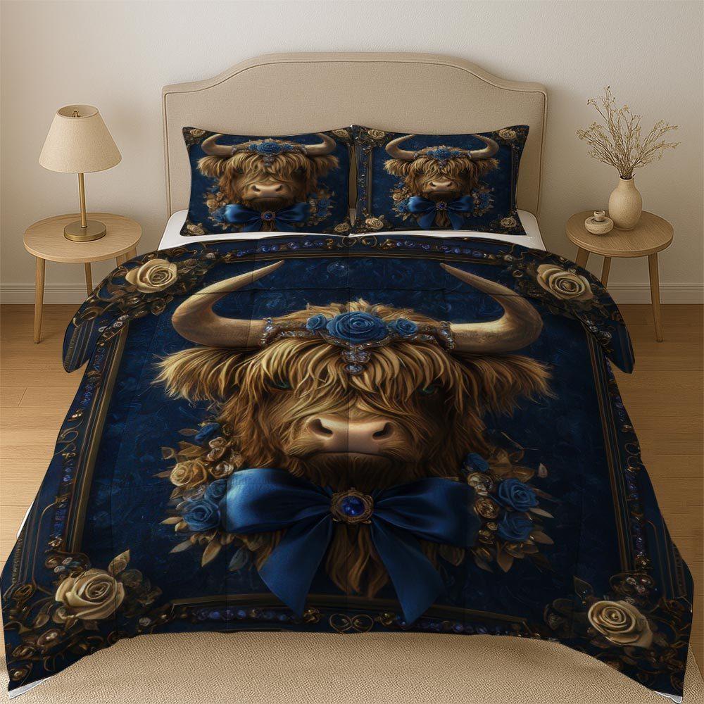 3 Pcs Highland Cow with Roses Quilt Set thick blanket Set Elegant and Festive Comforter Bedding Set 1 Quilt + 2 Pillowcases