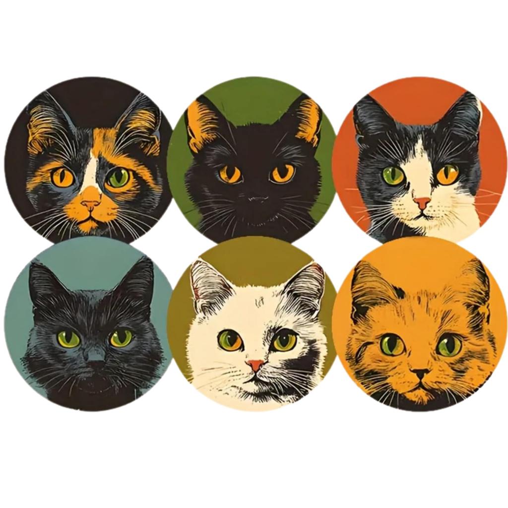 [Suyasuwa] Set of 6 Wooden Coasters with Cat Patterns, Round, Stylish, Large Capacity, Large Wooden Coasters