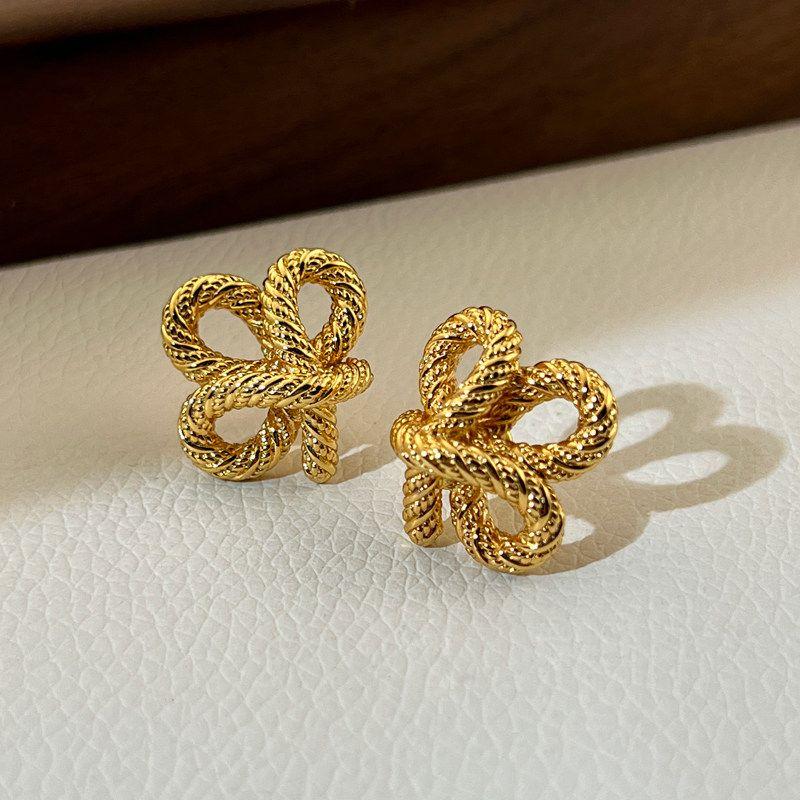 

Vintage French Style Hemp Pattern Twined Stud Earrings Copper Plated with 24K Gold