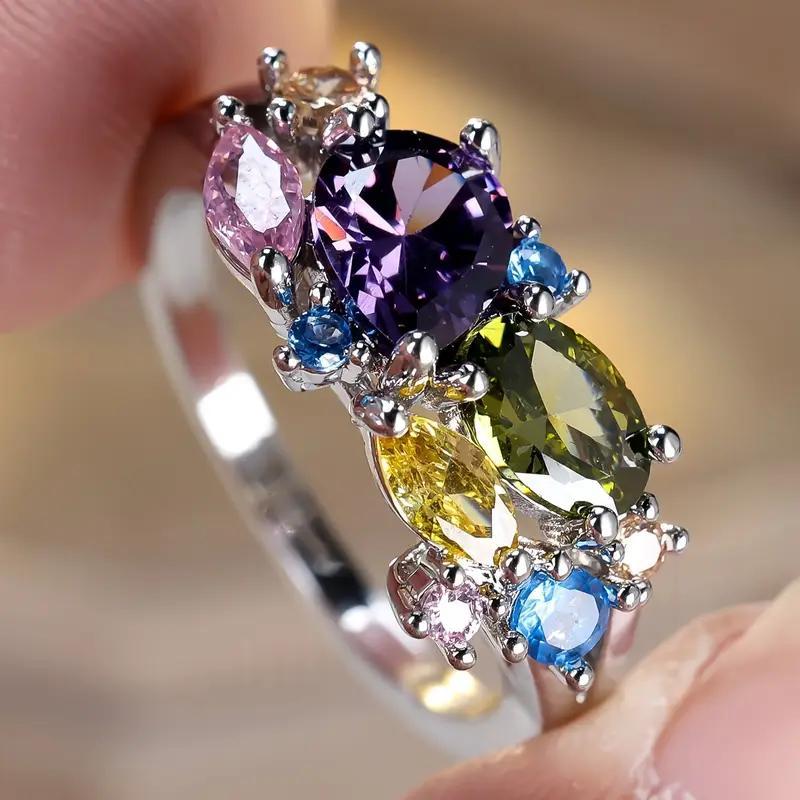 

Exquisite Shining Colorful Inlaid Zirconia Ring, Women s Fashion Light Luxury Temperament Wedding Banquet Zircon Accessories 8