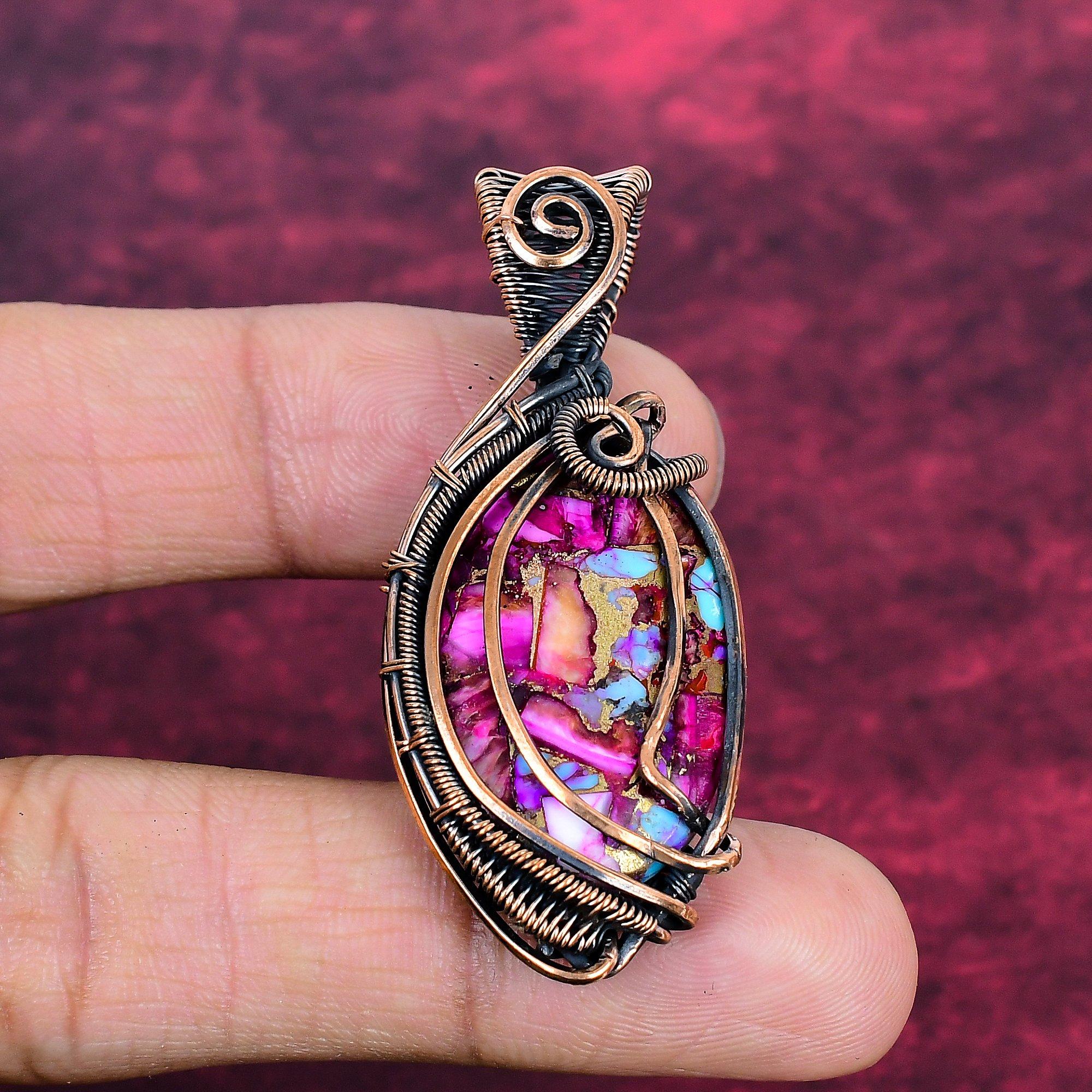 Natural Kingman Pink Dahlia Turquoise Pendant Copper Wire Wrapped Dainty Pendant
