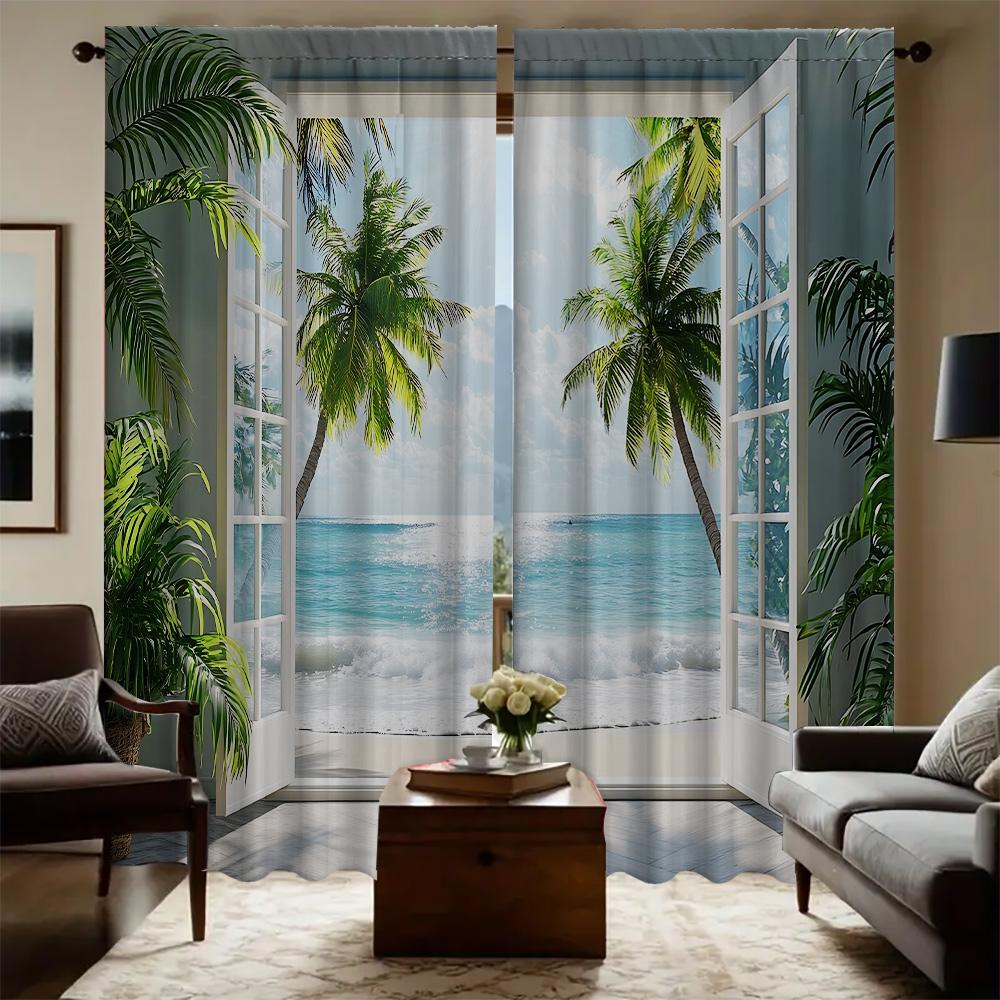 2PC Home Seaside scenery Curtains With Landscape Background And Pole Pocket Curtains, Kitchen, Coffee Shop, Living Room, Bacony
