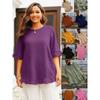 Plus Size Women's Ice Silk Pleated Ruffle Top with Flare Sleeves and Round Neck.