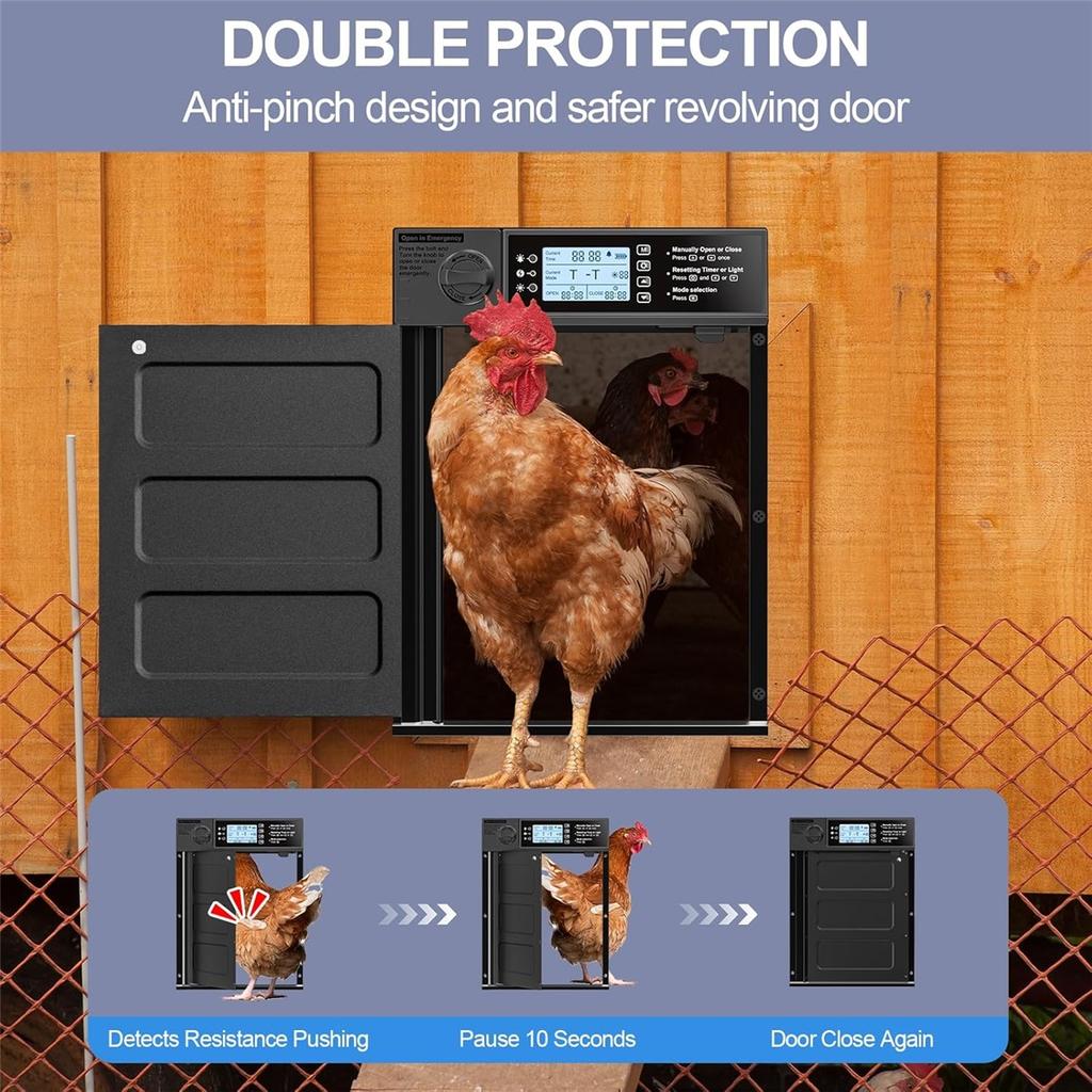 Automatic Chicken Coop Door Solar Powered, Pivot Chicken Door with Timer & Light Sensor, Anti-Pinch Automatic Chicken Door
