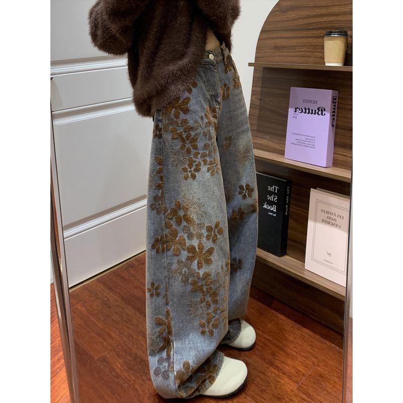 Jeans Larghi Jacquard Retro Americano da Donna, Stagione Primaverile, Design Taglie Forti, Vita Alta, Vestibilità Larga, Snellente, Pantaloni Curvi