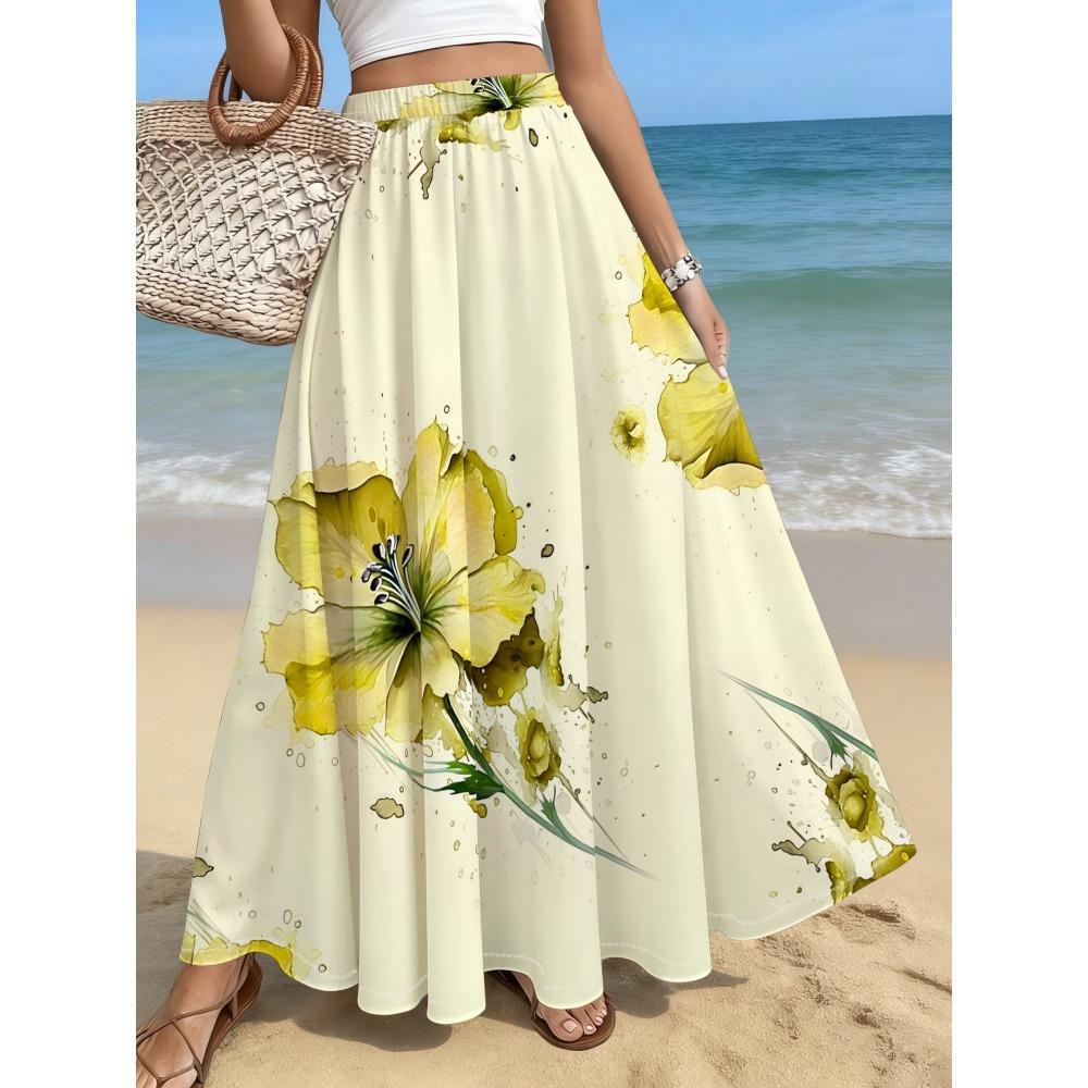 Lianyaoshi Women's Boho Maxi Skirt - Vibrant Red Full-Length Peacock Print Skirt Suitable for Vacation, Poolside & Outdoor