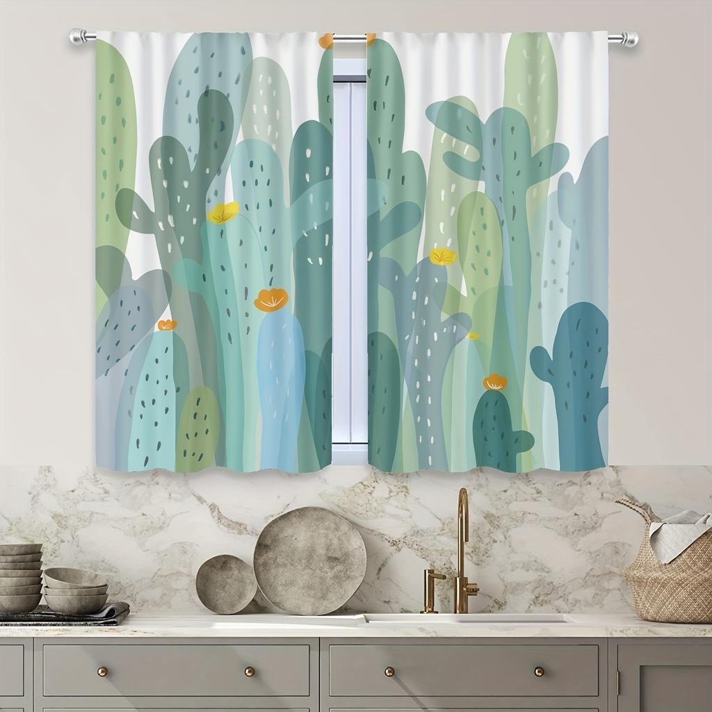 Set Of 2 Cartoon Cactus Printed Curtains Curtain Suitable Kitchen Bedroom Study Cafe Living Room Home Decor Made Polyester Area Window Treatment