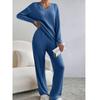 Western Style Spring and Autumn New Cross-Border V-neck Solid Sunken Stripe Loose Long Sleeves Shirt Trousers Casual Two-piece Suit Women Clothes