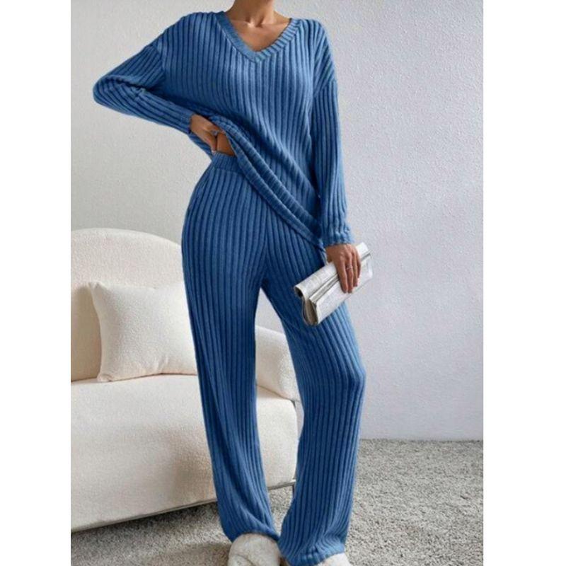Western Style Spring and Autumn New Cross-Border V-neck Solid Sunken Stripe Loose Long Sleeves Shirt Trousers Casual Two-piece Suit Women Clothes