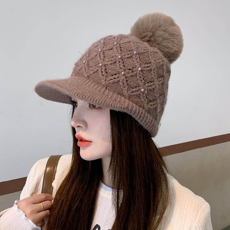 

Шапка Женская Зимняя Утепленная Теплая Жемчужная Утиный Язычок Вязаная Шапка Защита Ушей Ветрозащитная Шерстяная Шапка