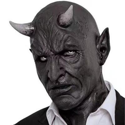 Black Horn Devil Mask Full Face Latex Hood, Haunted House Secret Room Scary Dress Up Horn Hood