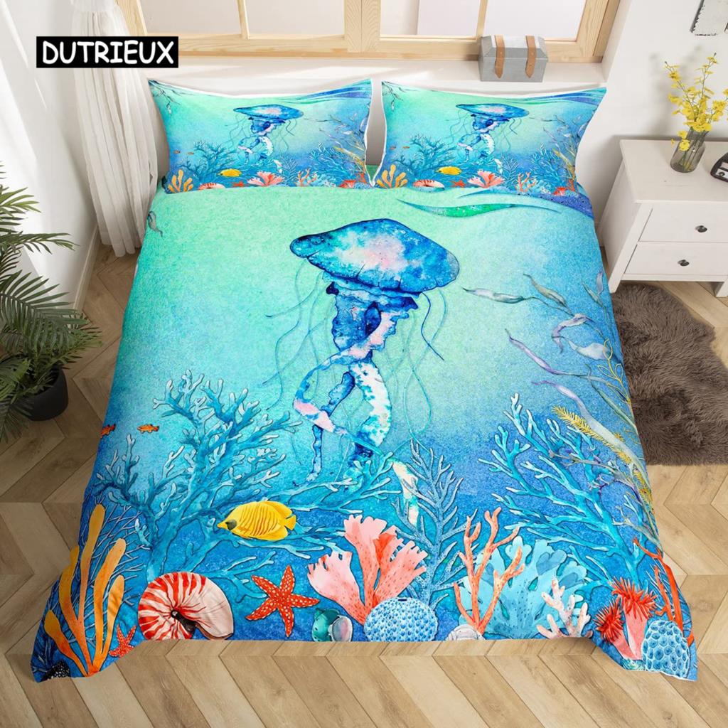 3D Octopus Sea Turtle Duvet Cover Retro Sailboat Crab Reptile Bedding Set Marine Mediterranean Style Jellyfish Comforter Cover