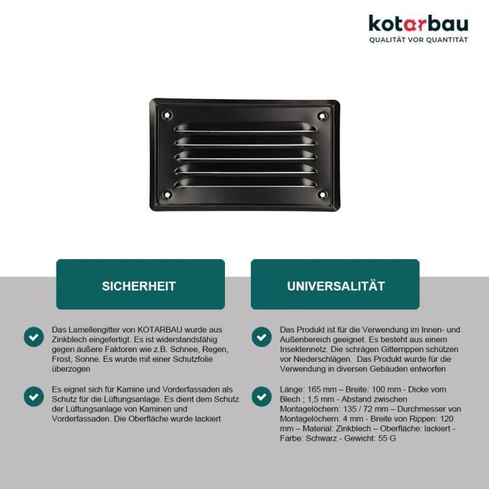 Grille d'aération - KOTARBAU - 165x100 mm - Laquée noire - Moustiquaire - Résistante à la corrosion