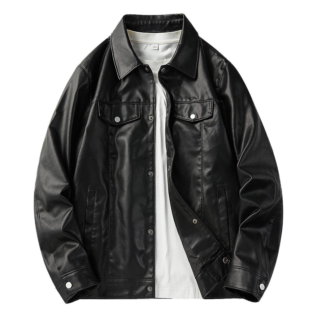 Casual Classic Lapel Black Leather Jacket Men's Fashion British Gentleman Versatile Motorcycle Jacket High Street