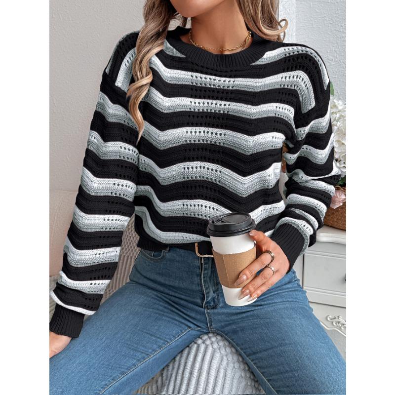 Women's Autumn and Winter Casual Hollowed-out Color-blocked Striped Lantern Long-sleeved Pullover Sweater