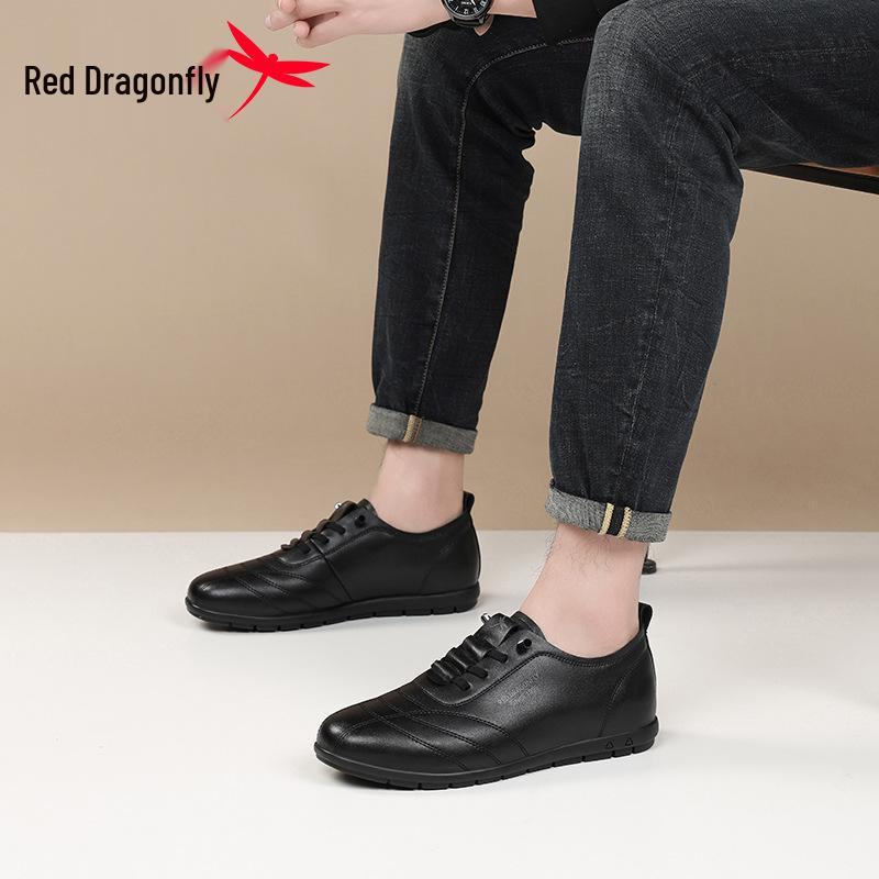 Red Dragonfly Men's Waterproof Black Leather Casual Sports Shoes, Non-Slip, Soft Sole for All Seasons