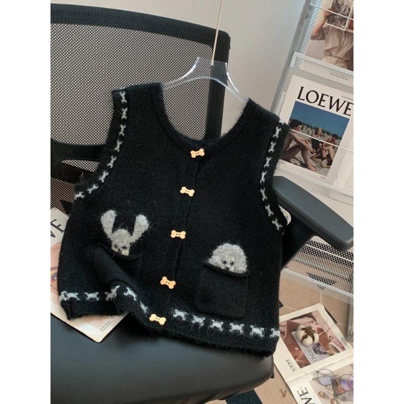 Vintage Maillard Cute Cartoon Knitted Vest Cardigan Sleeveless Sweater Vest Women's Stacked Wearing Vest Over Top