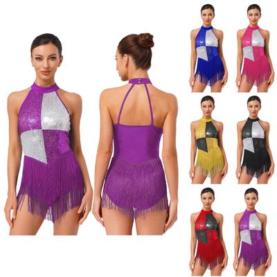 Womens Latin Jazz Samba Dance Performance Costume Sleeveless Backless Color Block Shiny Sequins Tassels Leotard