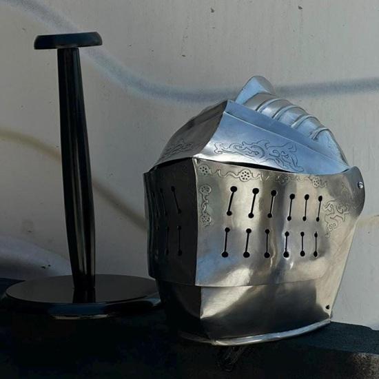 Medieval Engraved Helmet Steel Knight Bascinet Visor Helmet Battle Ready LARP Cosplay Crusader Costume