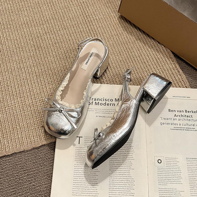 Silver French Ballet Light Mouth Thick Heel High Heels Women's Summer 2025 New Skirt Heightening Mary Jane Single Shoes