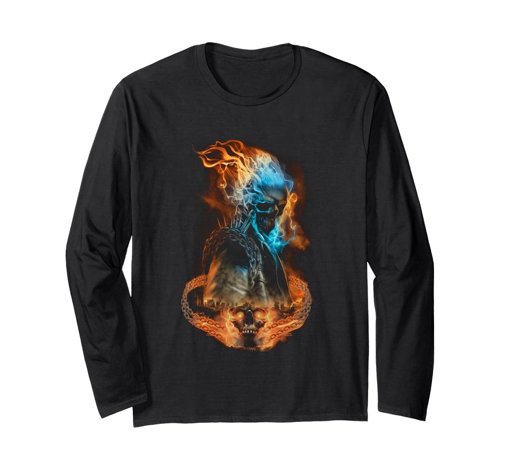Marvel Ghost Rider Flaming Chain City Portrait Long Sleeve T-Shirt