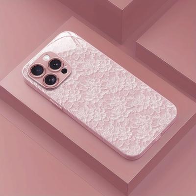 Model Dantelă Roz Vopsea Metalică Roz Carcasă Telefon din Sticlă Călită Pentru iPhone 11 12 13 14 15 16 17 Pro Max Plus 16E 17Air Cover