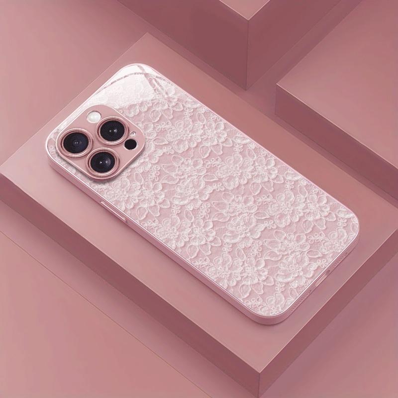 

Pink Lace Pattern Pink Metallic Paint Tempered Glass Phone Case For iPhone 11 12 13 14 15 16 17 Pro Max Plus 16E 17Air Cover iPhone 12 Pro Max
