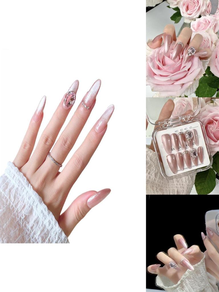 Original Photographyhandmade Nail Patch For Therapy New Trendy Luxury Long Cat Eye Nail With Sparkling Gems S44 Almond Love Girl)