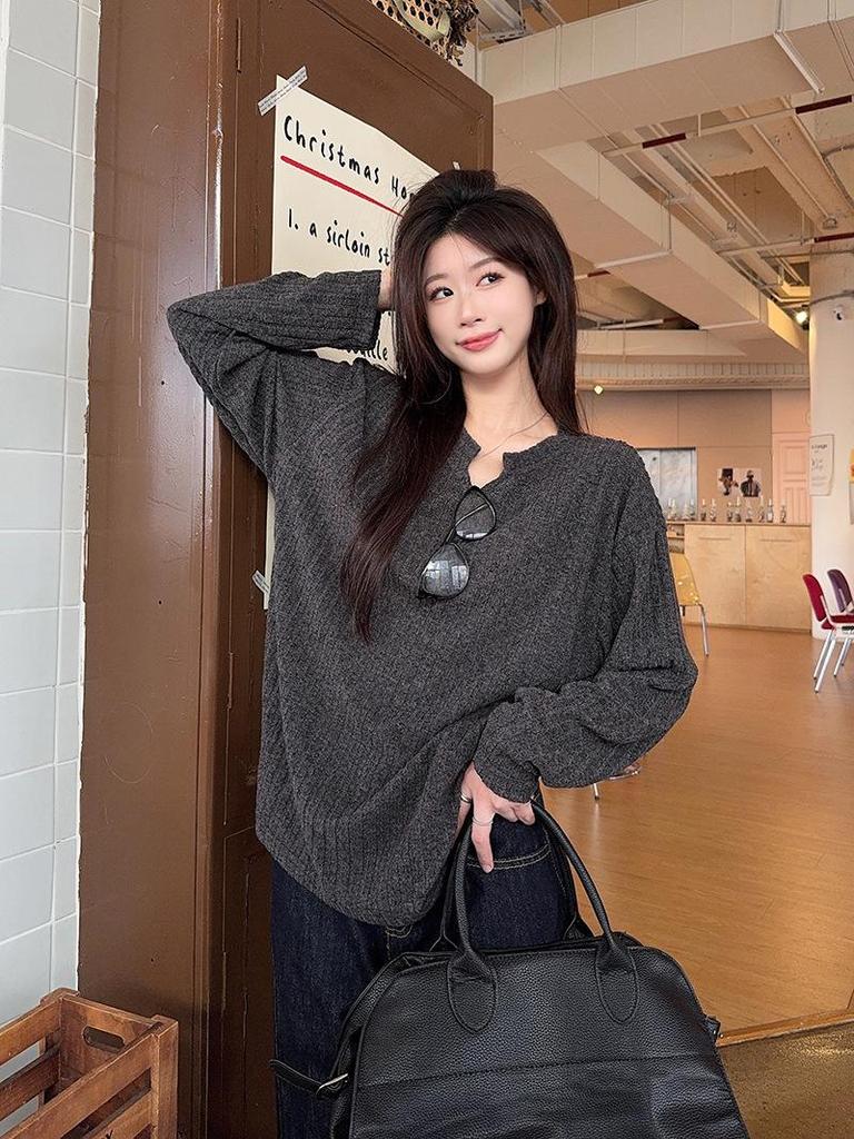Women's Long-Sleeve Textured Brushed T-Shirt, New Spring/Autumn Korean Style, Loose Fit Versatile Base Layer Top