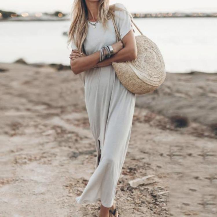 Soft Breathable Women Summer Casual Maxi Dress Round Neck Thin Short Sleeves Loose Solid Color Side Split Ankle Length