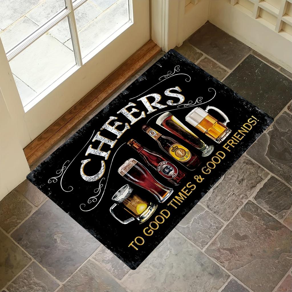 "Cheers To Good Times" Bar Theme Doormat, Polyester Flannel Non-Slip Machine Washable Low Pile Rug for Indoor Home Decor