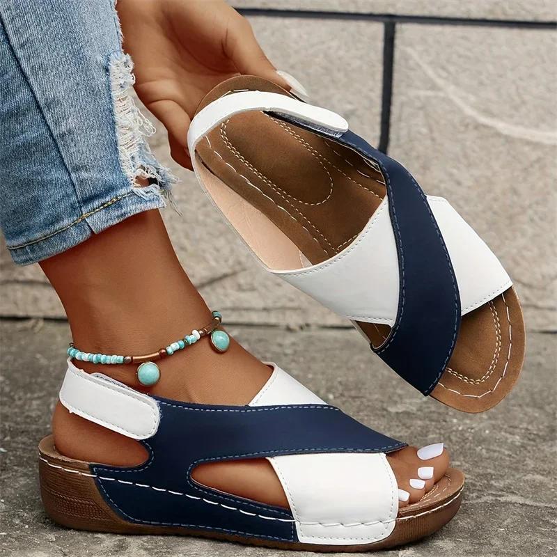 Fashion Women Wedge Sandals 2025 New Comfortable Non Slip Beach Shoes Woman Mix Color Leather Platform Roman Sandals Zapatos De Mujer