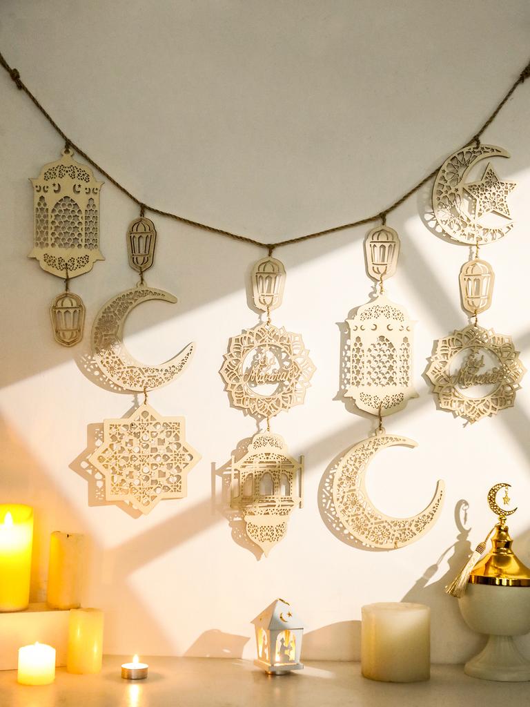 Eid Mubarak Wooden Garland Islamic Moon Star Lantern Hanging Decor for Ramadan Kareem Muslim Festival Home Party Wall Decoration