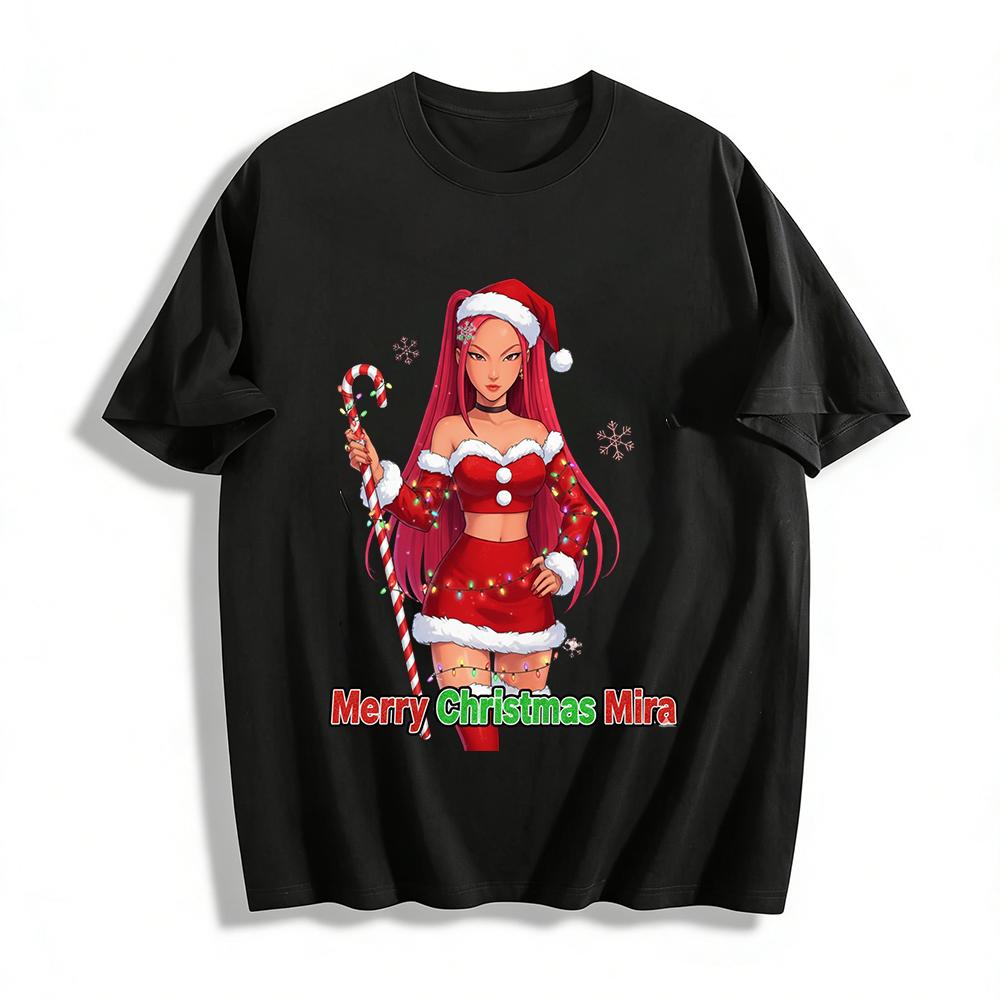 Christmas Themed Mira Print Top Festive Red Cartoon Character Pattern Casual Versatile Long Sleeve Shirt Pure cotton T-shirt XXS