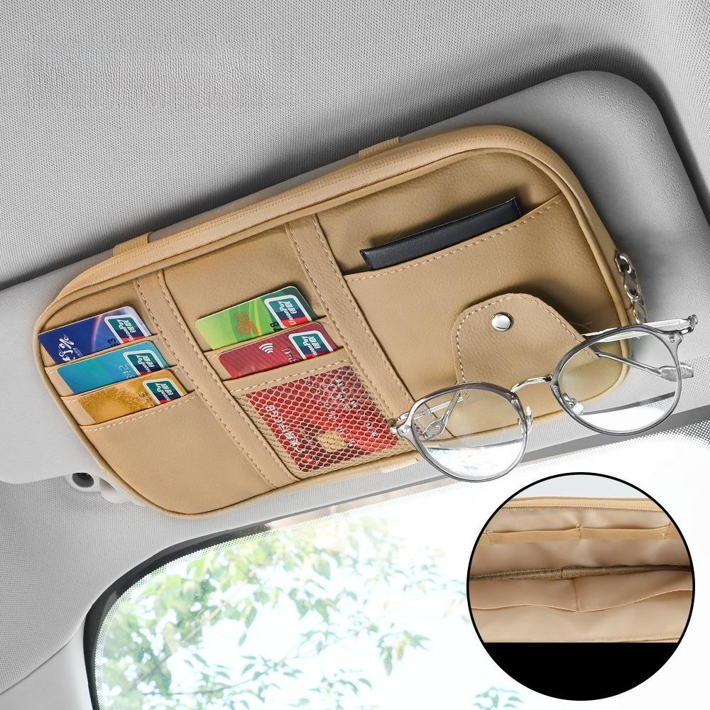 Leather Large Capacity Car Sun Visor Organizer Clip Sunshade Storage Bag Pouch Bill Pen Card Glasses Sunglasses Holder Mount