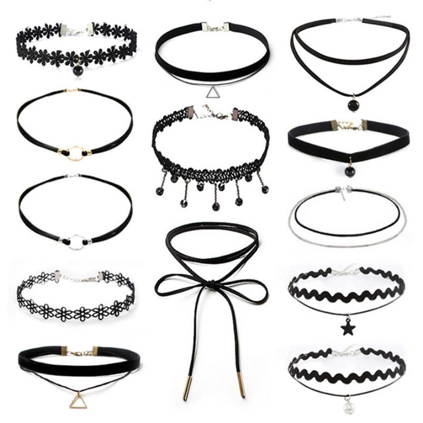 Pop Hollow Black Leather Velvet Choker Necklace Layer Jewelry Goth Necklace for Women Choker Collarbones Necklace