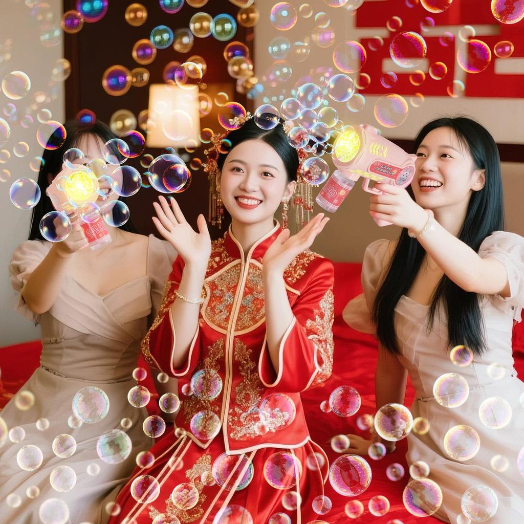 Brautrobe & Konfettikanone Set - Handliche Seifenblasenmaschine & Blumenspritze für Brautjungfernfotos & Hochzeitsspiele