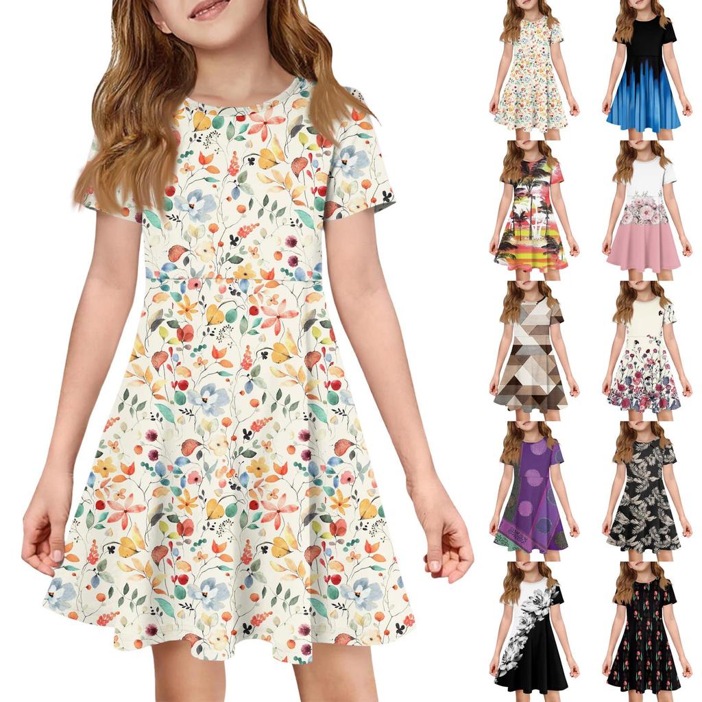 Girl Summer Dress Color & Print Short Sleeve Dress With Pocket Casual Dress Shorts Sleeve Party Dress Easter Day