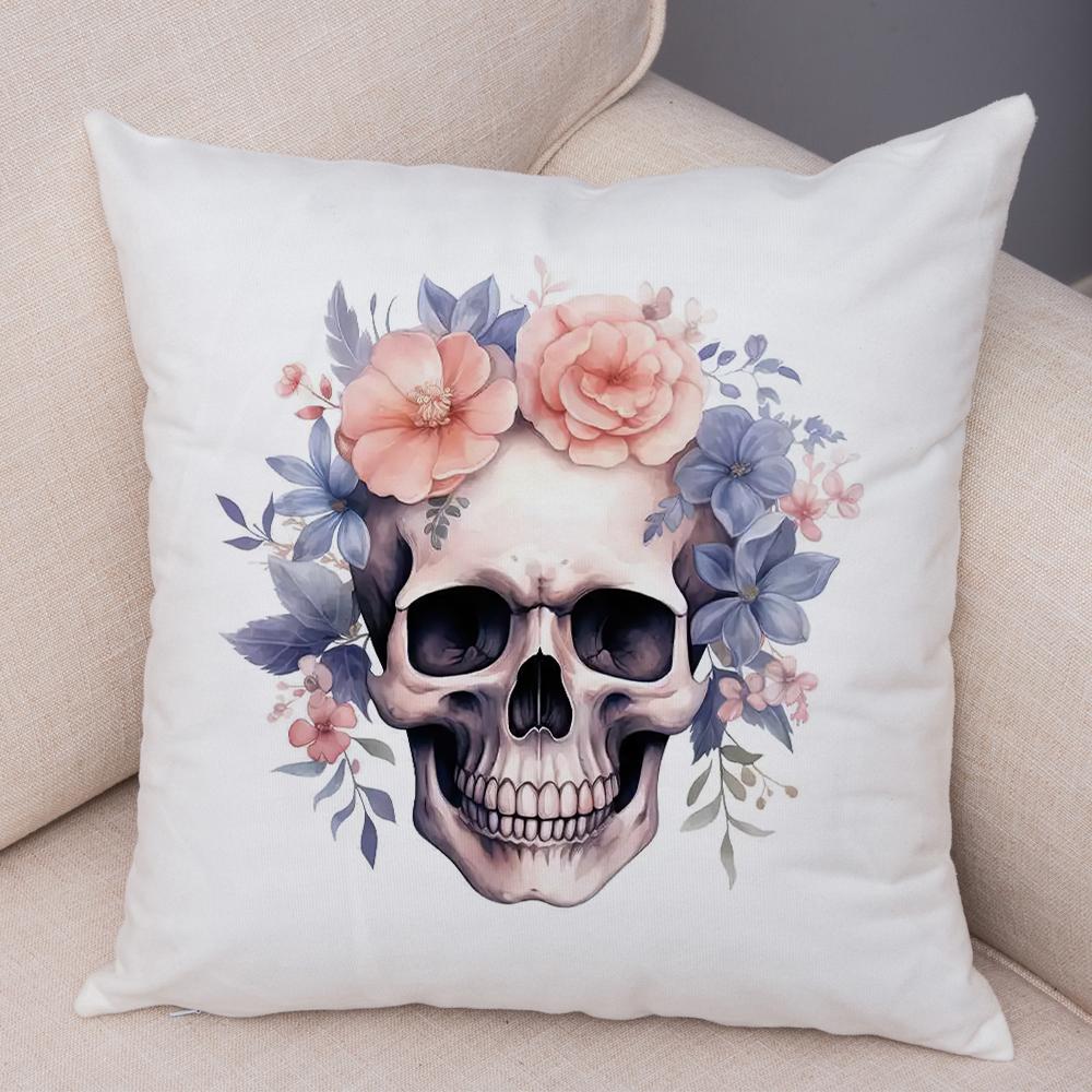 Coral Petal Skull Cushion Cover Double Print Orchid Watercolor Pillowcase Soft Plush Lavender Floral Skull Cushion Cover