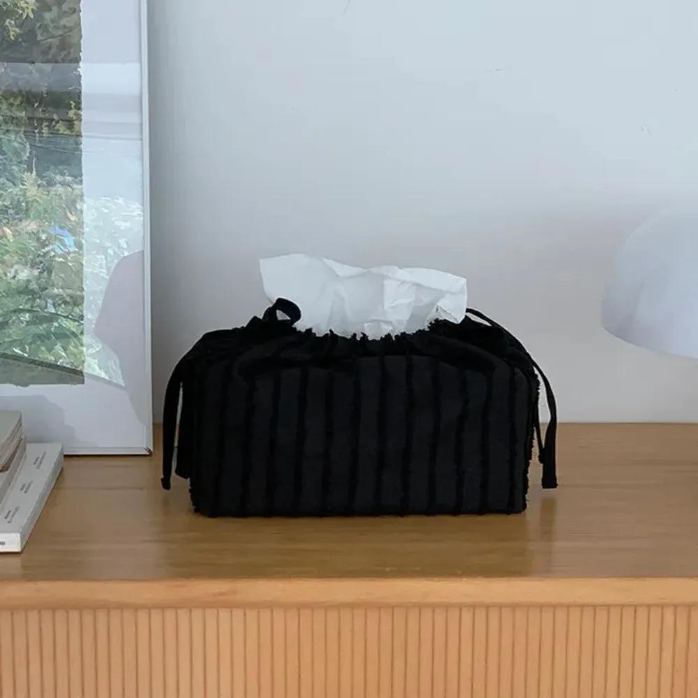 Practical Ribbon Drawstring Tissue Bag Adjustable Solid Color Fabric Tissue Box Practical Paper Towel Holder Home Decoration