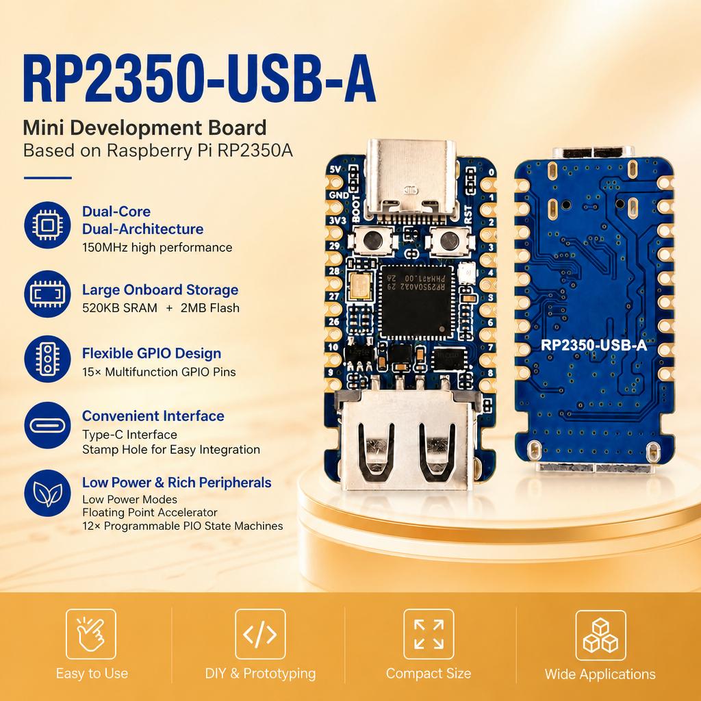 RP2350-USB-A RP2350A Development Board Dual Core ARM Cortex-M33 Microcontroller with Type-C USB 2MB for Embedded Applications