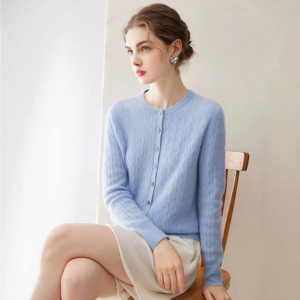 Women's Pure Cashmere Cardigan - Round Neck, Solid Color, Loose Fit, Long Sleeve Knit Sweater