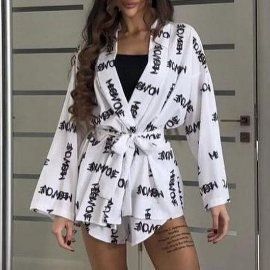 Women's Loose Long-Sleeve Print Lace-Up High Waist Shorts Suit