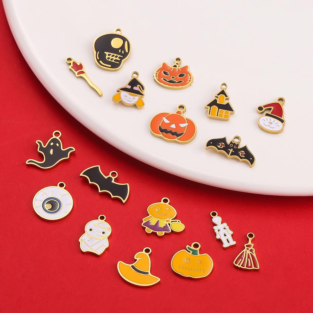 1pcs Stainless Steel Cartoon Halloween Enamel Charms Pumpkin Skeleton Ghost Bat Cat Pendants for DIY Jewelry Making Accessories
